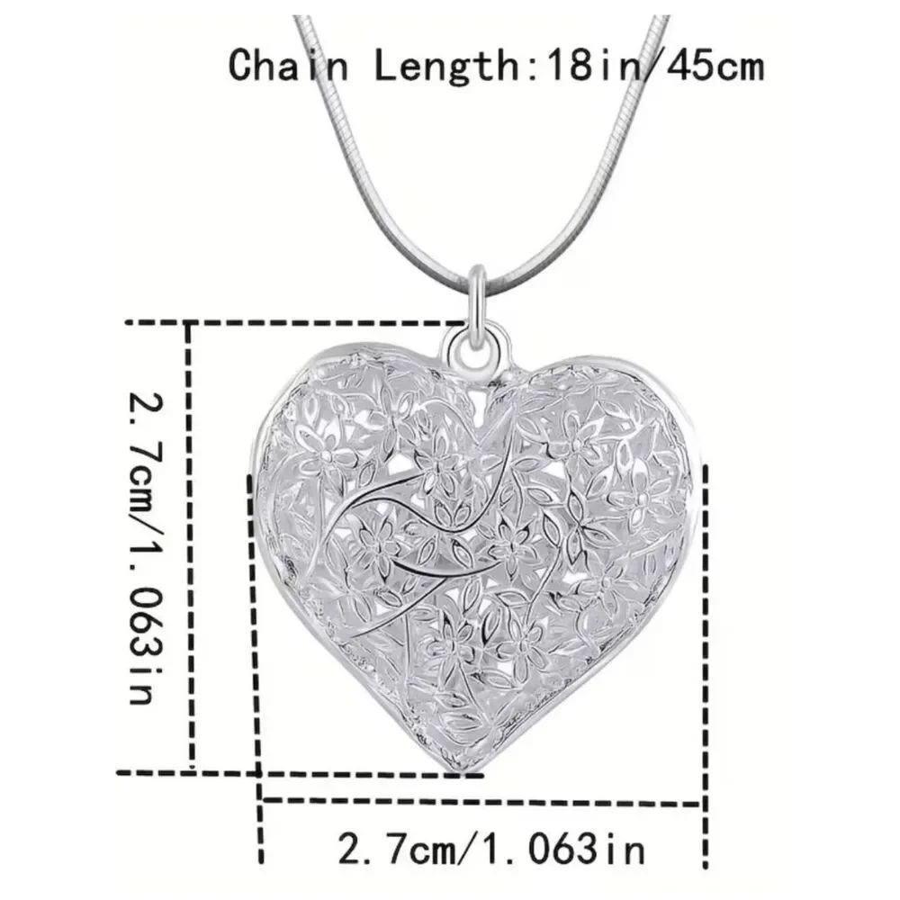 NWT Necklace Filigree Heart Pendant Silver Plate Floral Cut-Out Snake Chain
